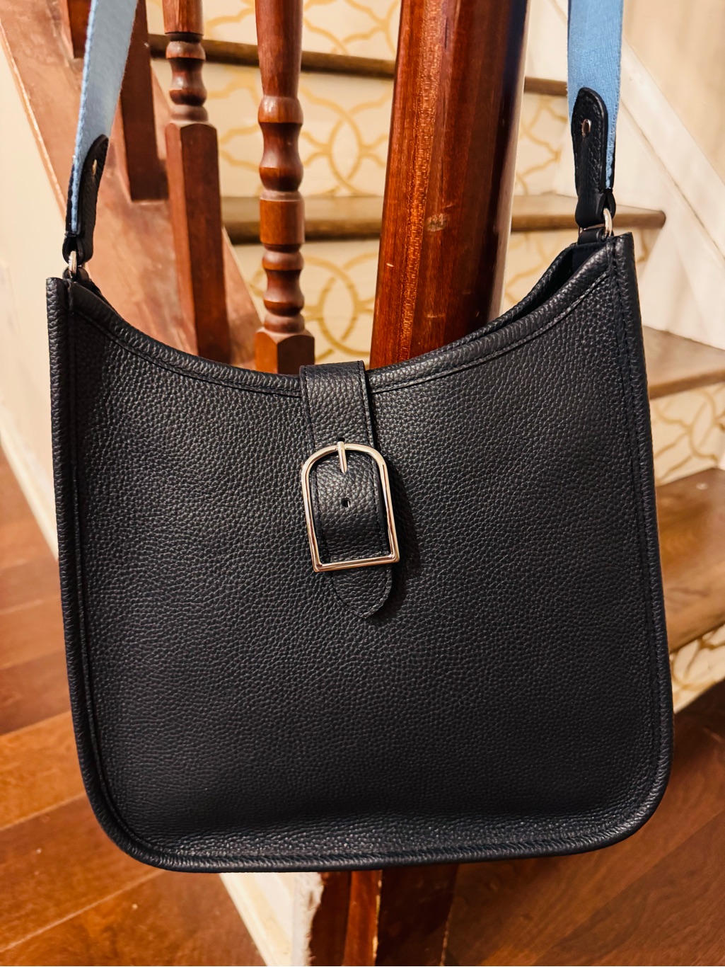 New - Navy Pebbled Leather Crossbody Bag With Buckle Detail